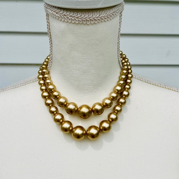 Jewelry - Vintage Gold Double Strand Faux Pearl Choker Necklace Chunky Graduated Hook 18in